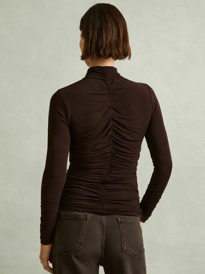 REISS Tops Women Ruched HighNeck Jersey Top Chocolate
