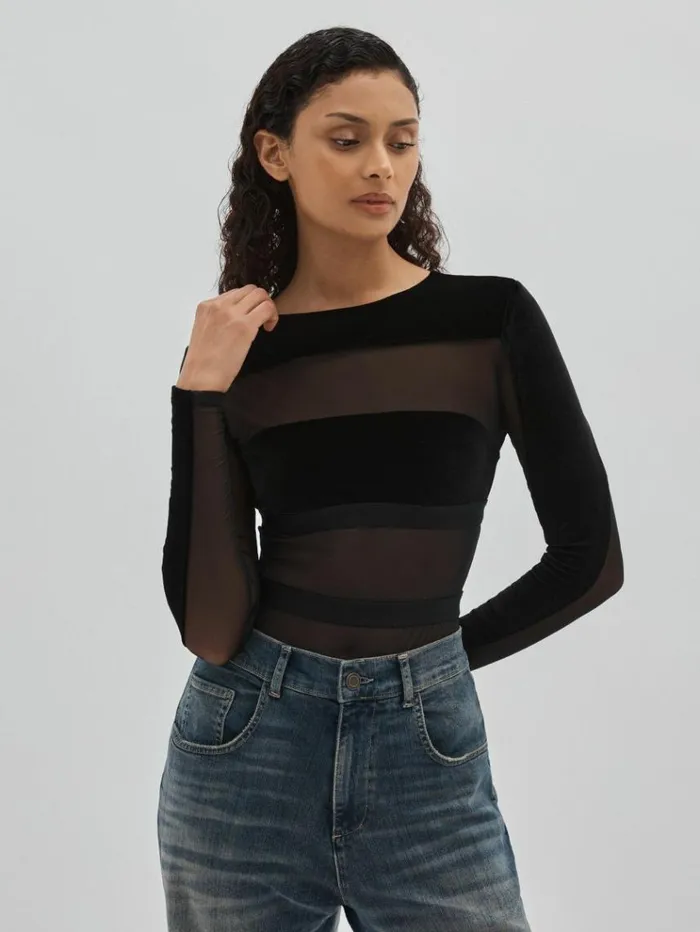 REISS Tops Women Velvet And Mesh Bodysuit Black