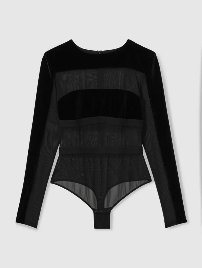 REISS Tops Women Velvet And Mesh Bodysuit Black