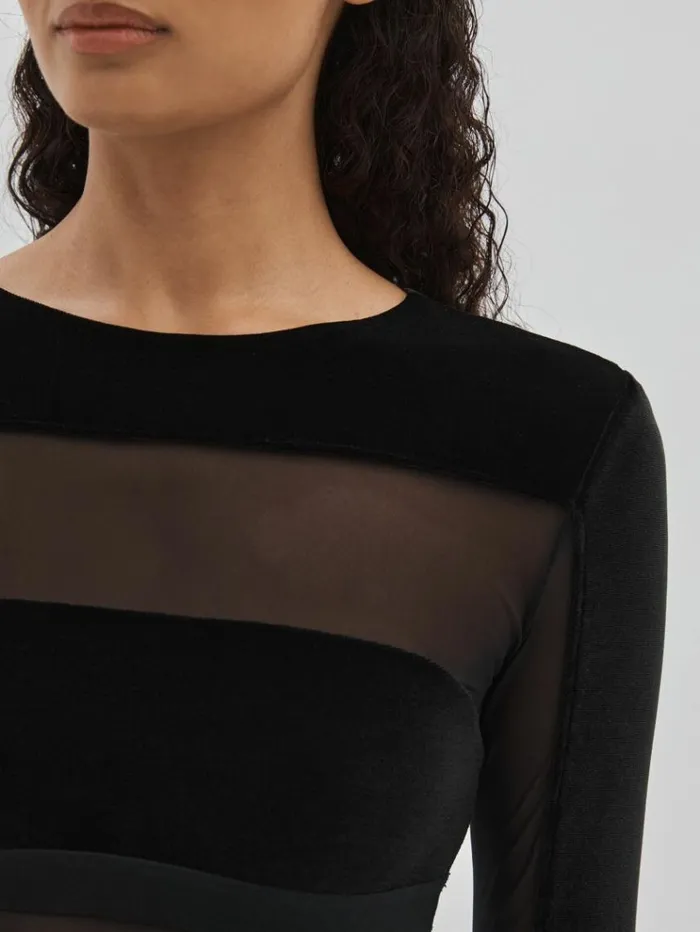 REISS Tops Women Velvet And Mesh Bodysuit Black