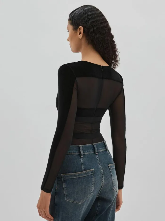 REISS Tops Women Velvet And Mesh Bodysuit Black
