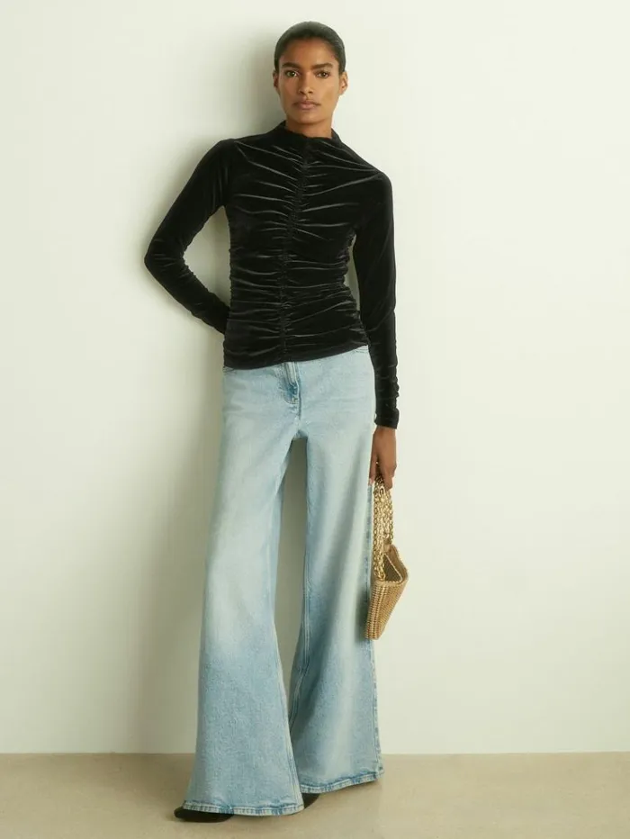 REISS Tops Women Velvet Ruched LongSleeve Top Black