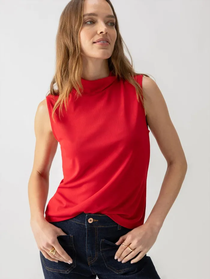 Sanctuary Clothing Sweaters and Cardis Women Shirred Neck Mesh Tank Cherry Red