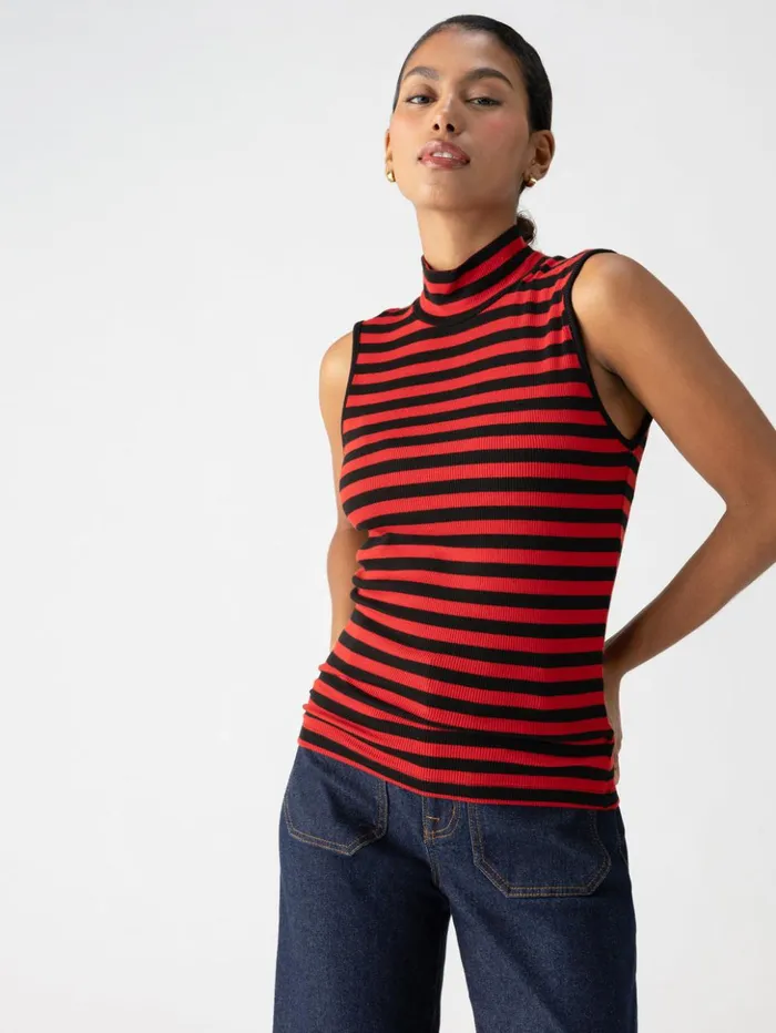 Sanctuary Clothing Tees and Tops Women Essential Sleeveless Mock Neck Tank Black Cherry Red Stripe Sanctuary Clothing Tees and Tops Women Essential Sleeveless Mock Neck Tank Black Cherry Red Stripe