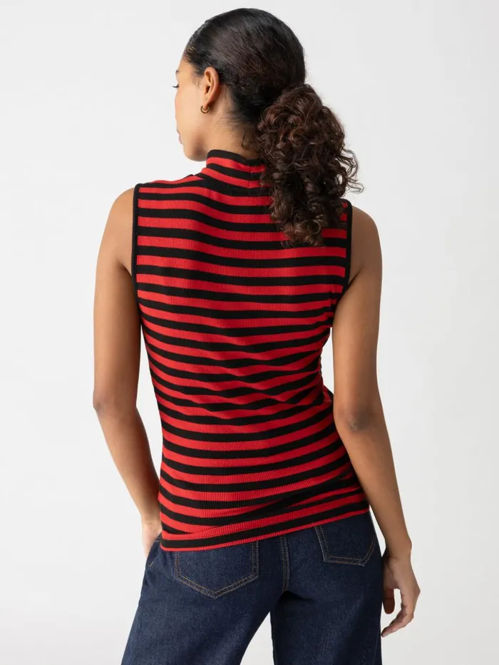 Sanctuary Clothing Tees and Tops Women Essential Sleeveless Mock Neck Tank Black Cherry Red Stripe Sanctuary Clothing Tees and Tops Women Essential Sleeveless Mock Neck Tank Black Cherry Red Stripe