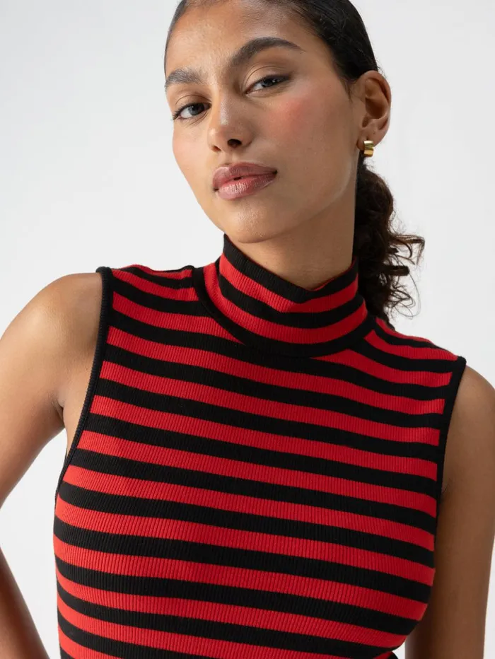 Sanctuary Clothing Tees and Tops Women Essential Sleeveless Mock Neck Tank Black Cherry Red Stripe Sanctuary Clothing Tees and Tops Women Essential Sleeveless Mock Neck Tank Black Cherry Red Stripe