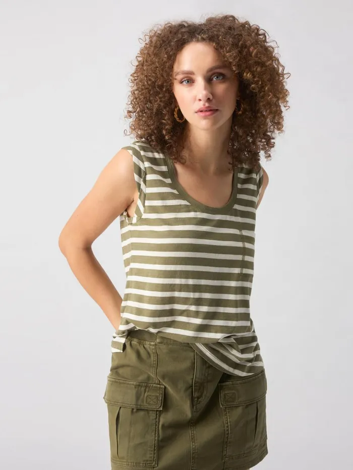 Sanctuary Clothing Tees and Tops Women Traveler Twist Sleeve Tee Light Ecru Olive Stripe