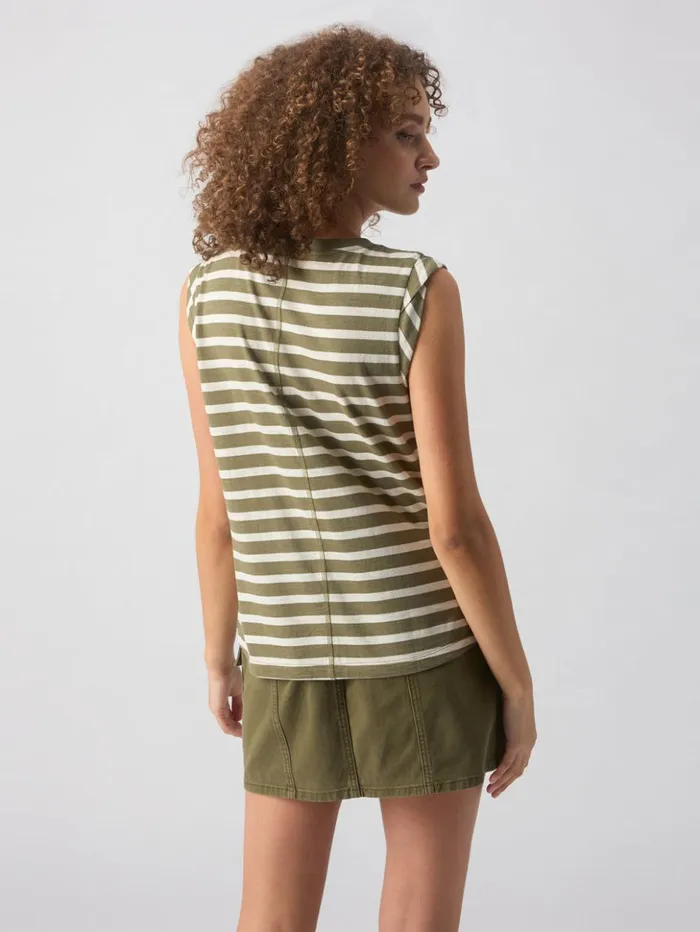 Sanctuary Clothing Tees and Tops Women Traveler Twist Sleeve Tee Light Ecru Olive Stripe