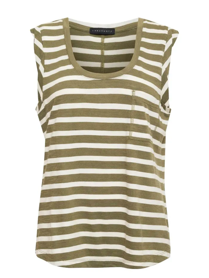 Sanctuary Clothing Tees and Tops Women Traveler Twist Sleeve Tee Light Ecru Olive Stripe
