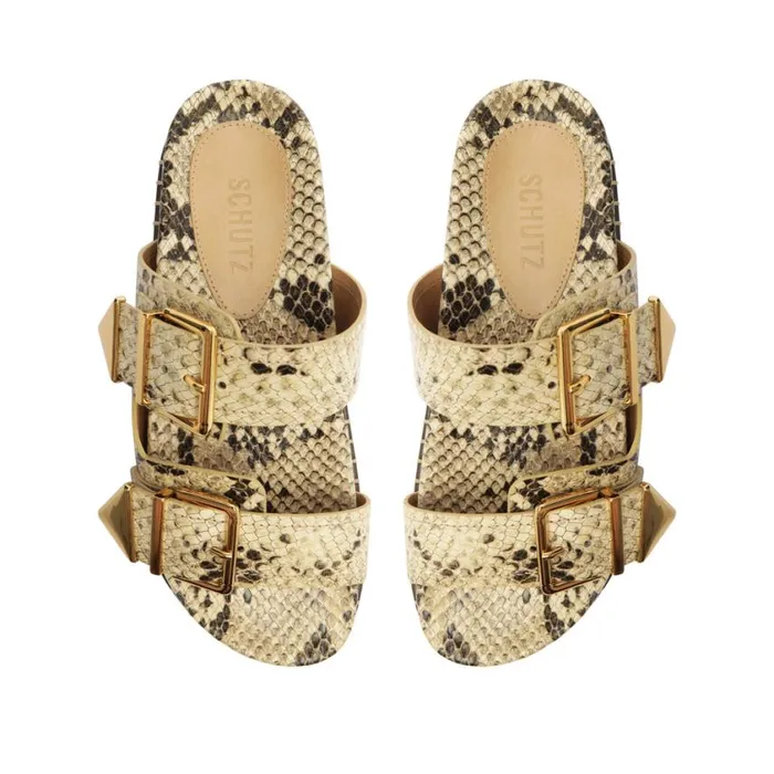 Schutz Shoes Flats Naomi Sporty SnakeEmbossed Leather Sandal Beige 8211 Women