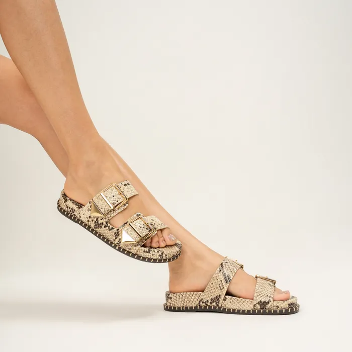 Schutz Shoes Flats Naomi Sporty SnakeEmbossed Leather Sandal Beige 8211 Women