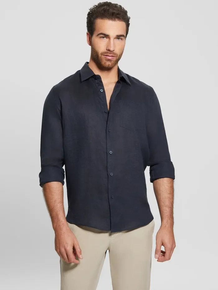 Shirts Men Eco Island Linen Shirt Bleu lgant GUESS