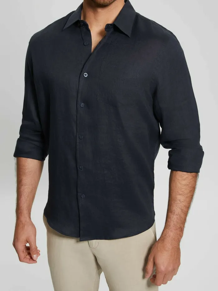 Shirts Men Eco Island Linen Shirt Bleu lgant GUESS Shirts Men Eco Island Linen Shirt Bleu lgant GUESS