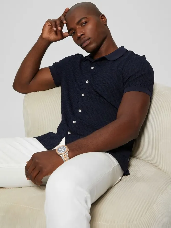 Shirts Pointelle Knit Shirt Bleu lgant GUESS Men Shirts Pointelle Knit Shirt Bleu lgant GUESS Men
