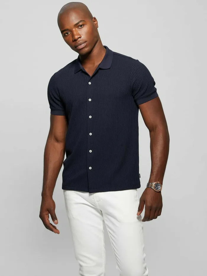 Shirts Pointelle Knit Shirt Bleu lgant GUESS Men Shirts Pointelle Knit Shirt Bleu lgant GUESS Men