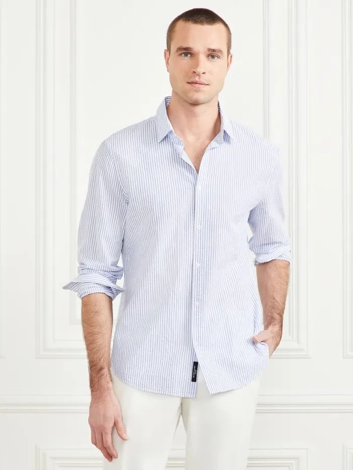 Shirts Seersucker Italian Notched Cuff Shirt Blue And White Stripes 8211 GUESS Men Shirts Seersucker Italian Notched Cuff Shirt Blue And White Stripes 8211 GUESS Men