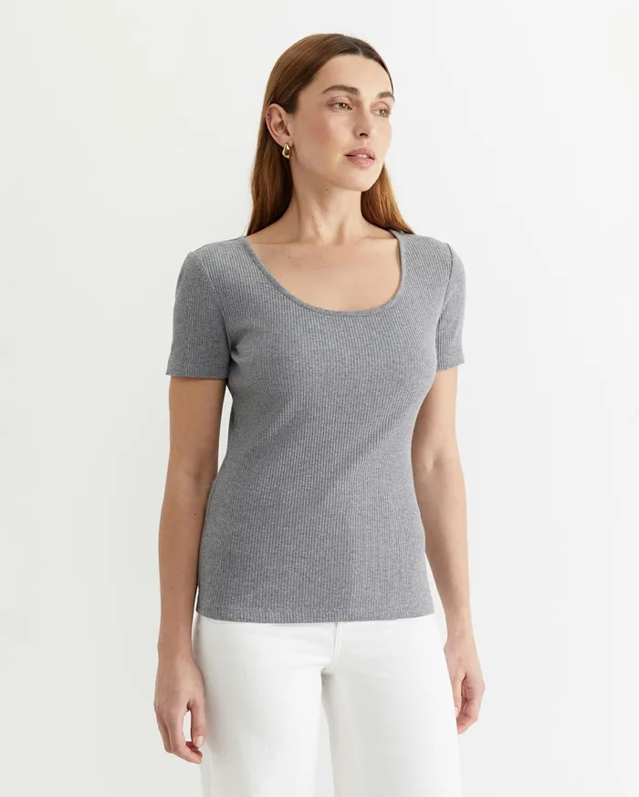 Sportscraft Allie Scoop Rib Tee Charcoal Melange Women Tops and Tees