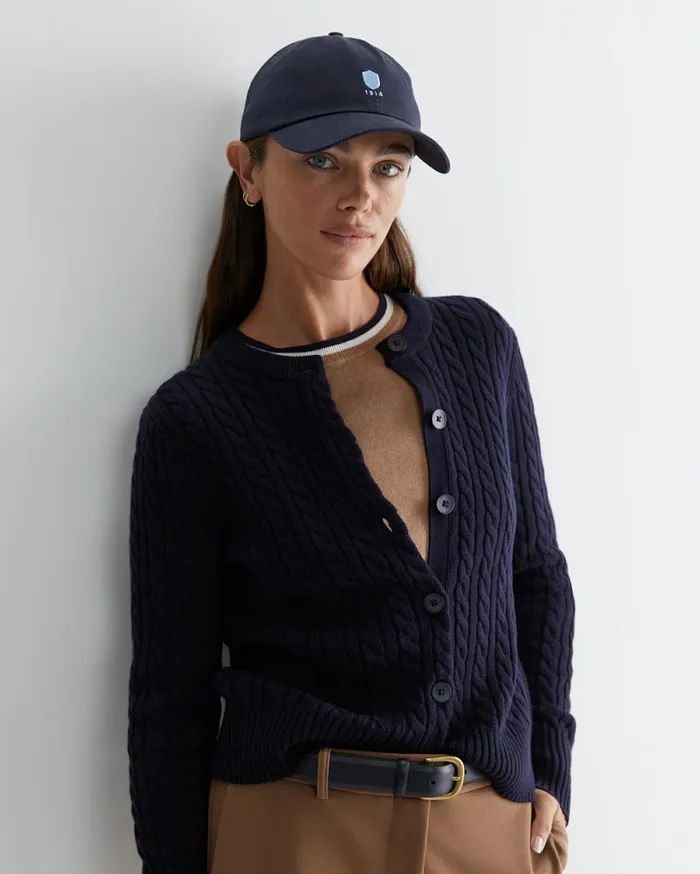 Sportscraft Cable Merino Cotton Cardigan Navy Women Knits and Cardigans