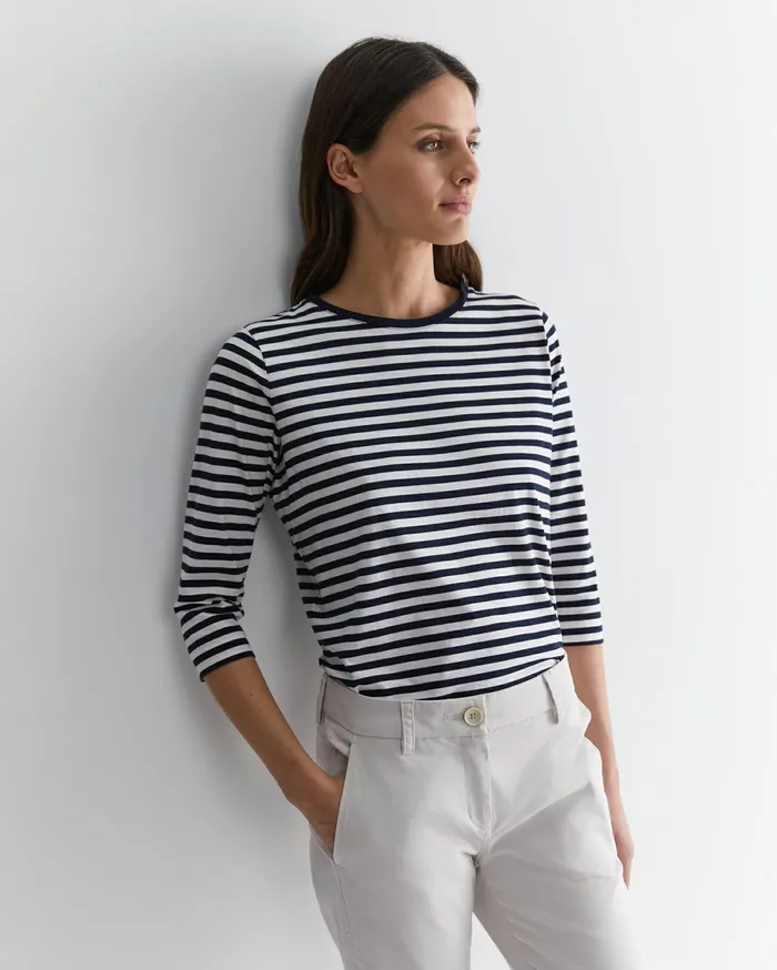 Sportscraft Cotton Crew 3 Quarter Sleeve TShirt Navywhite Women Tops and Tees
