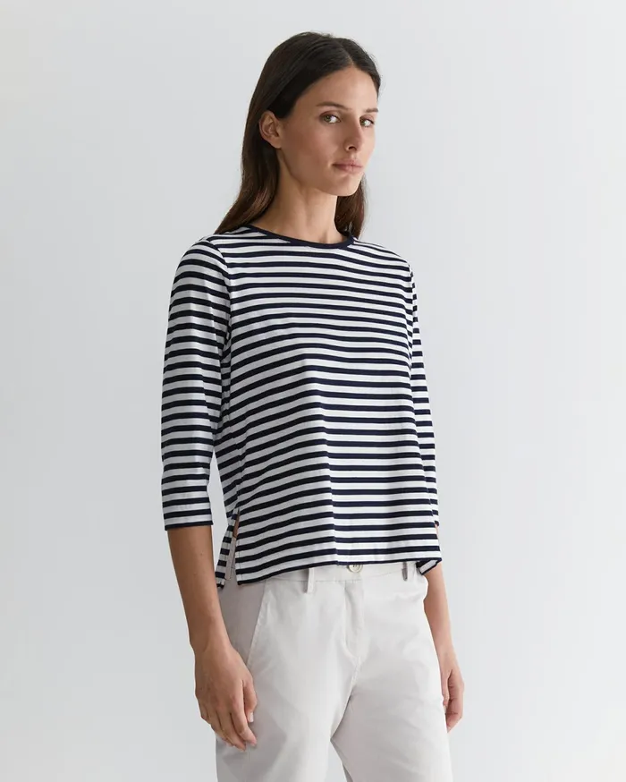 Sportscraft Cotton Crew 3 Quarter Sleeve TShirt Navywhite Women Tops and Tees