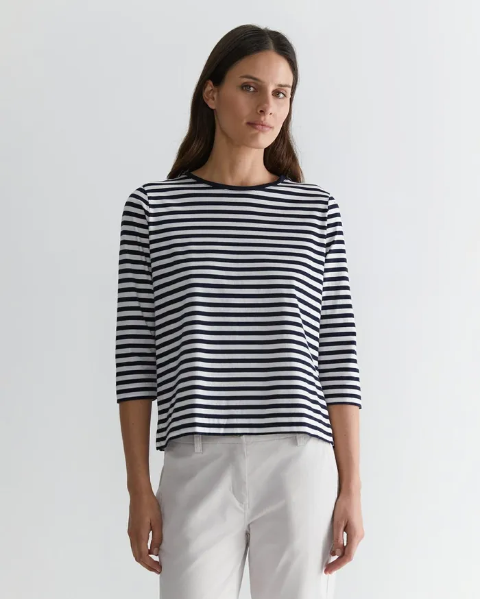Sportscraft Cotton Crew 3 Quarter Sleeve TShirt Navywhite Women Tops and Tees