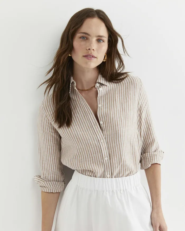 Sportscraft Dahlia Stripe Linen Shirt Tanwhite Women Shirts