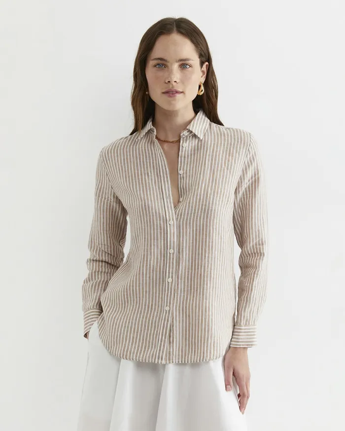 Sportscraft Dahlia Stripe Linen Shirt Tanwhite Women Shirts