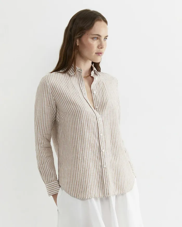 Sportscraft Dahlia Stripe Linen Shirt Tanwhite Women Shirts