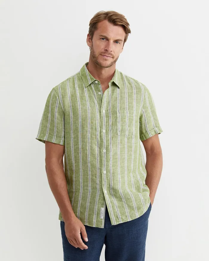 Sportscraft Flynn Short Sleeve Stripe Linen Shirt Green Multi Men Shirts
