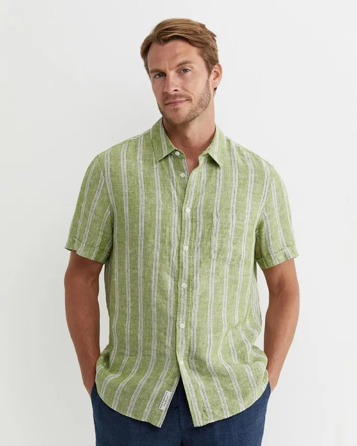 Sportscraft Flynn Short Sleeve Stripe Linen Shirt Green Multi Men Shirts