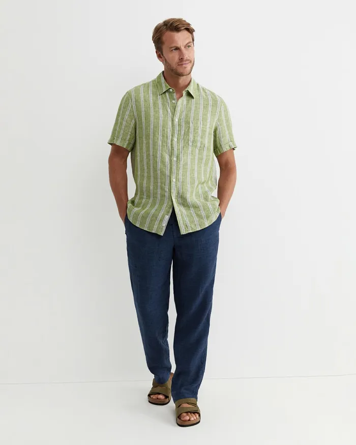 Sportscraft Flynn Short Sleeve Stripe Linen Shirt Green Multi Men Shirts