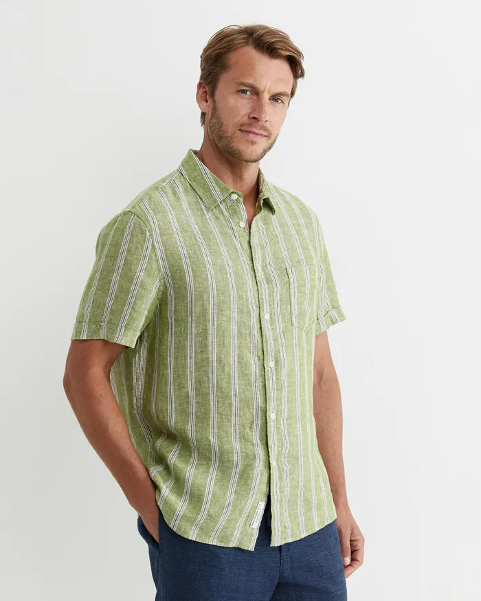 Sportscraft Flynn Short Sleeve Stripe Linen Shirt Green Multi Men Shirts