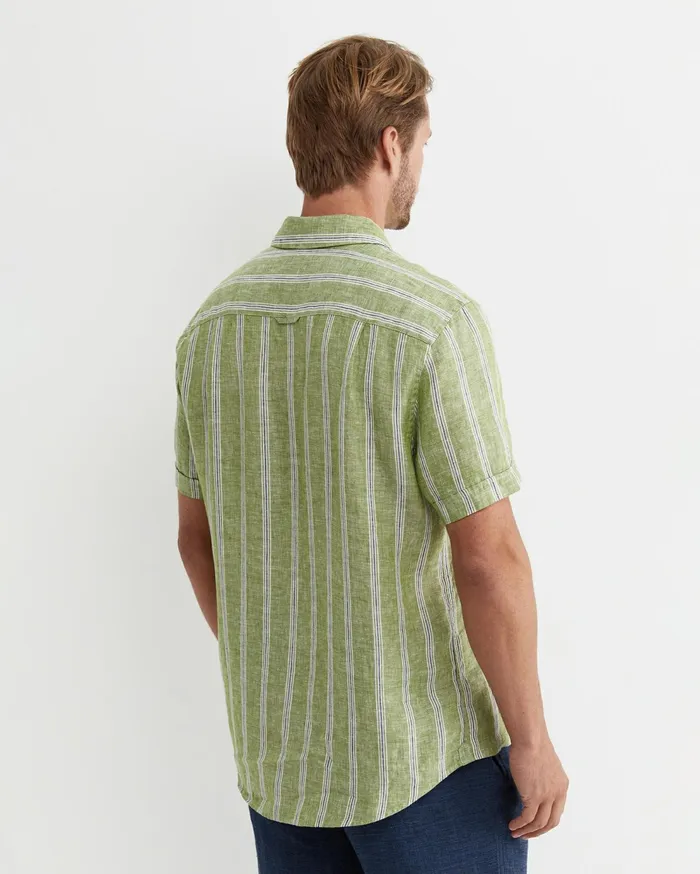 Sportscraft Flynn Short Sleeve Stripe Linen Shirt Green Multi Men Shirts