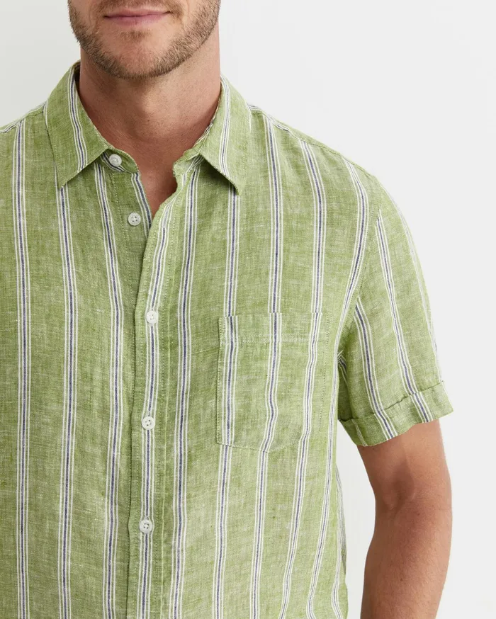 Sportscraft Flynn Short Sleeve Stripe Linen Shirt Green Multi Men Shirts
