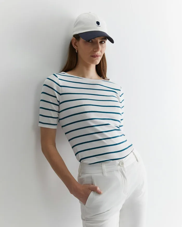 Sportscraft Heidi Boat Neck Top Whiteteal Women Tops and Tees
