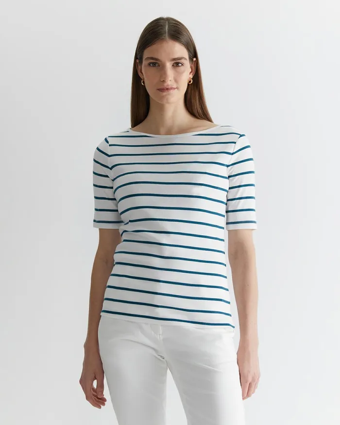 Sportscraft Heidi Boat Neck Top Whiteteal Women Tops and Tees