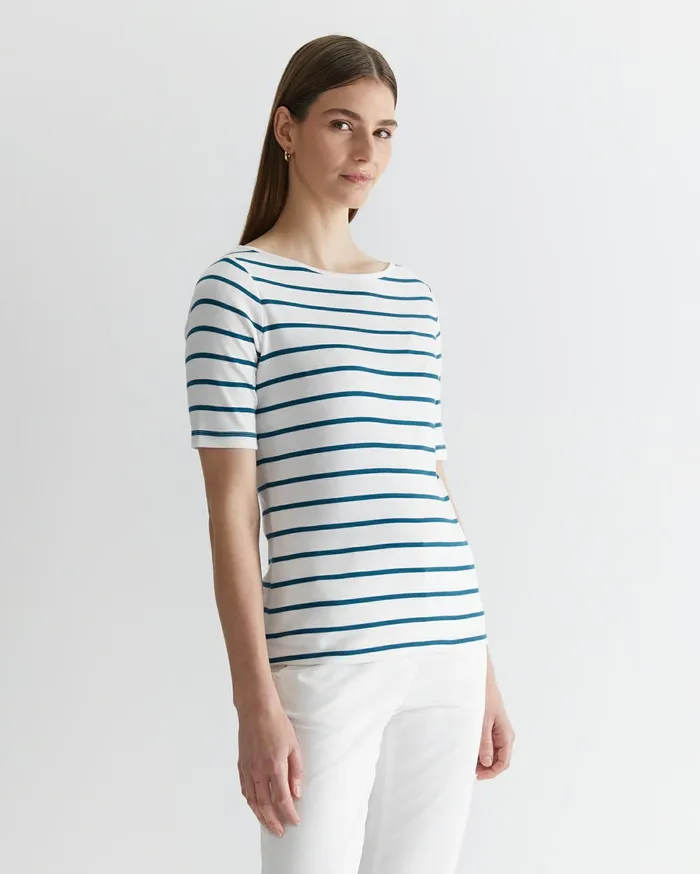 Sportscraft Heidi Boat Neck Top Whiteteal Women Tops and Tees