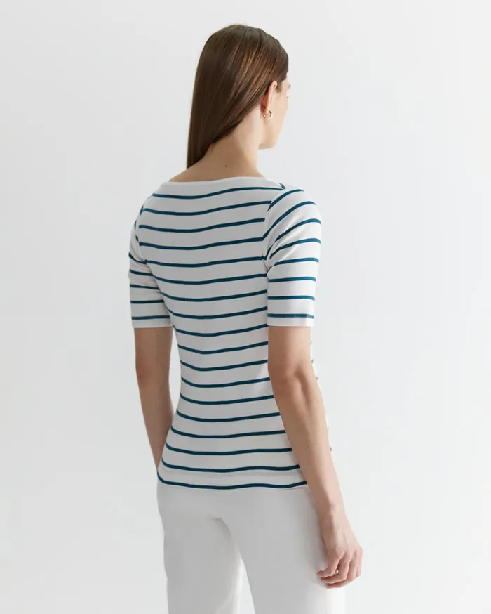 Sportscraft Heidi Boat Neck Top Whiteteal Women Tops and Tees