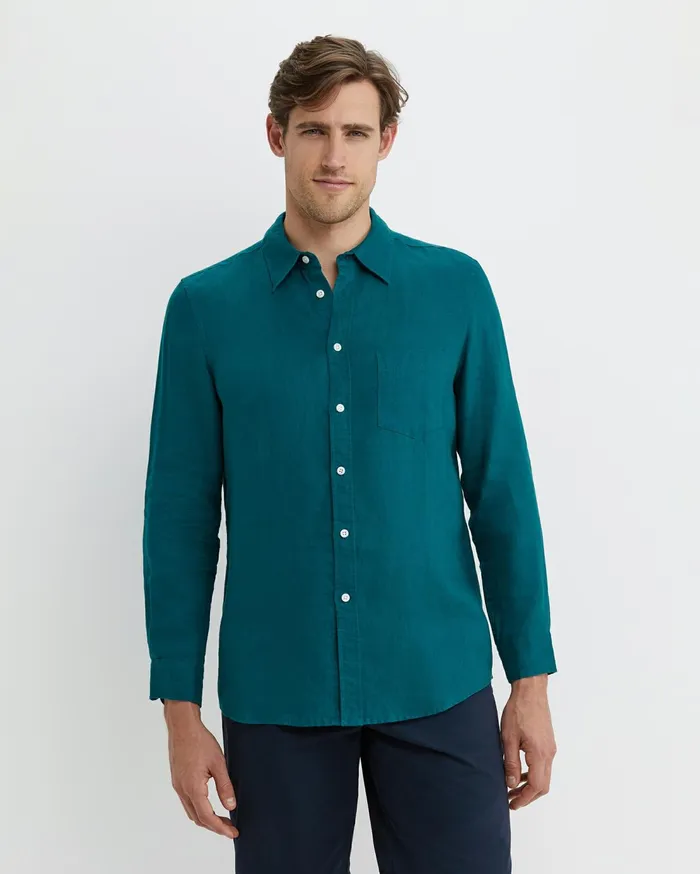 Sportscraft Long Sleeve Linen Shirt Dark Teal Men Shirts