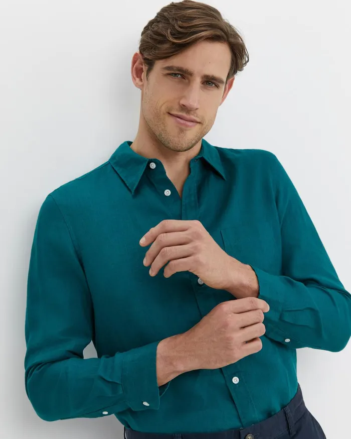 Sportscraft Long Sleeve Linen Shirt Dark Teal Men Shirts