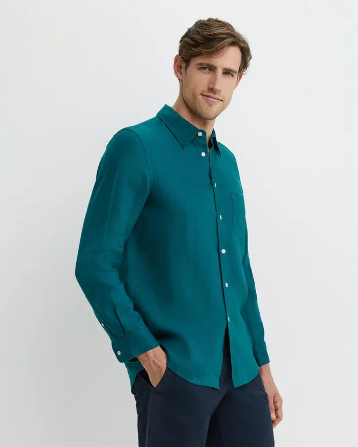 Sportscraft Long Sleeve Linen Shirt Dark Teal Men Shirts