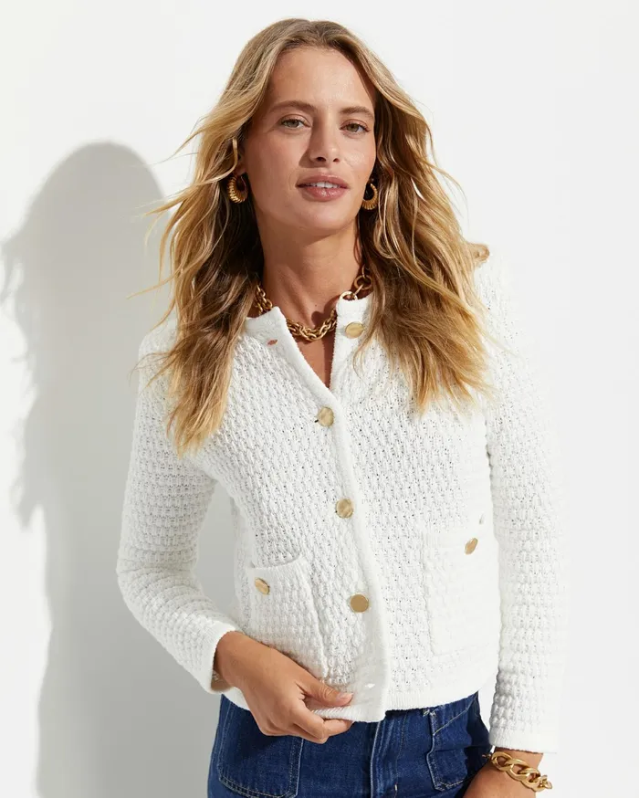 Sportscraft Olivia Tape Yarn Cardigan Winter White Women Knits and Cardigans