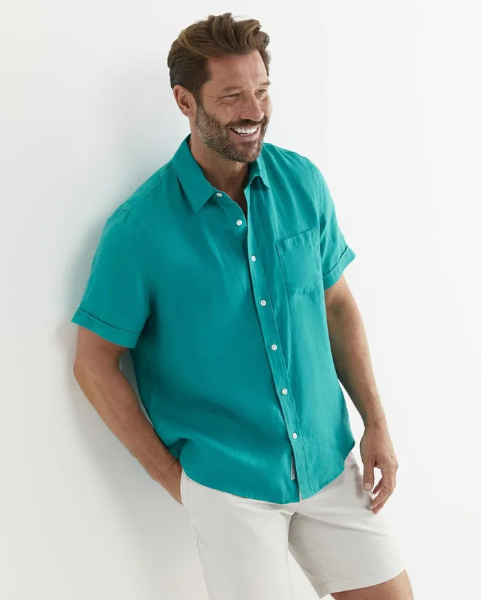 Sportscraft Short Sleeve Linen Shirt Seagreen Men Shirts