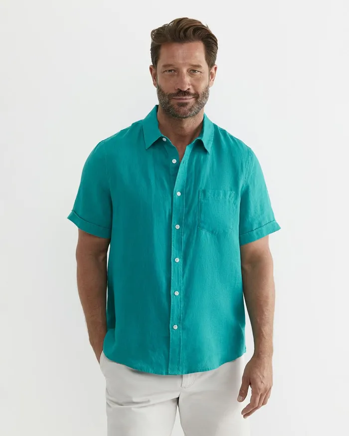 Sportscraft Short Sleeve Linen Shirt Seagreen Men Shirts
