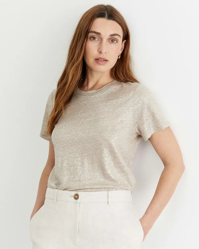 Sportscraft Tonia Foil Linen Tee Champagne Women Tops and Tees
