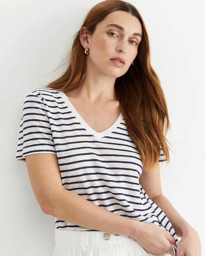 Sportscraft Tonia V Neck Linen Tee Whitenavy Women Tops and Tees