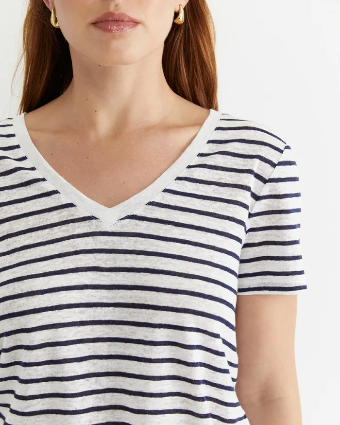 Sportscraft Tonia V Neck Linen Tee Whitenavy Women Tops and Tees