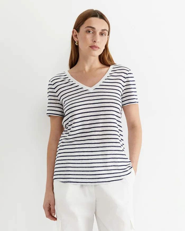 Sportscraft Tonia V Neck Linen Tee Whitenavy Women Tops and Tees