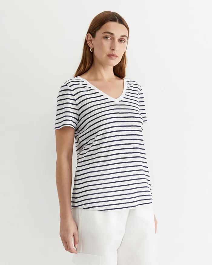 Sportscraft Tonia V Neck Linen Tee Whitenavy Women Tops and Tees