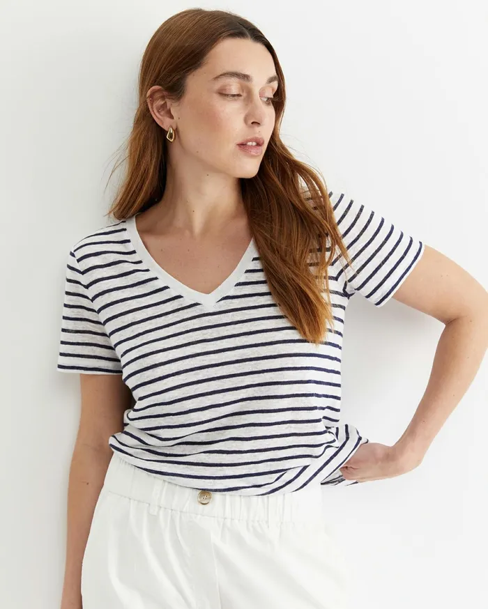 Sportscraft Tonia V Neck Linen Tee Whitenavy Women Tops and Tees